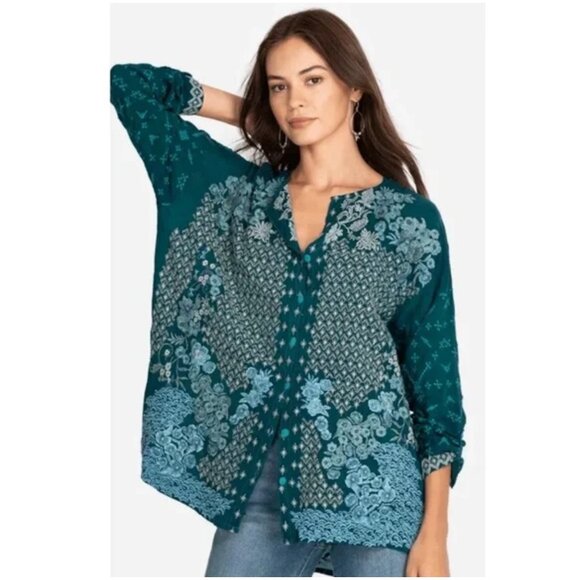 Johnny Was Yoko Embroidered Blouse size L large Lakeside blue button shirt - Picture 3 of 13